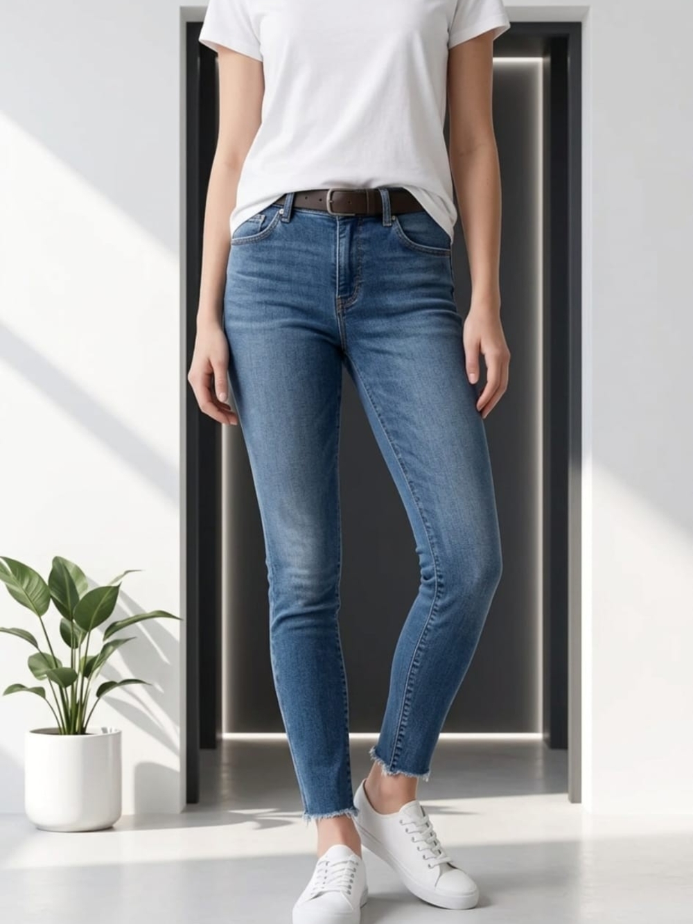 Good American Medium Blue High-Rise Skinny Jeans with Raw Hem